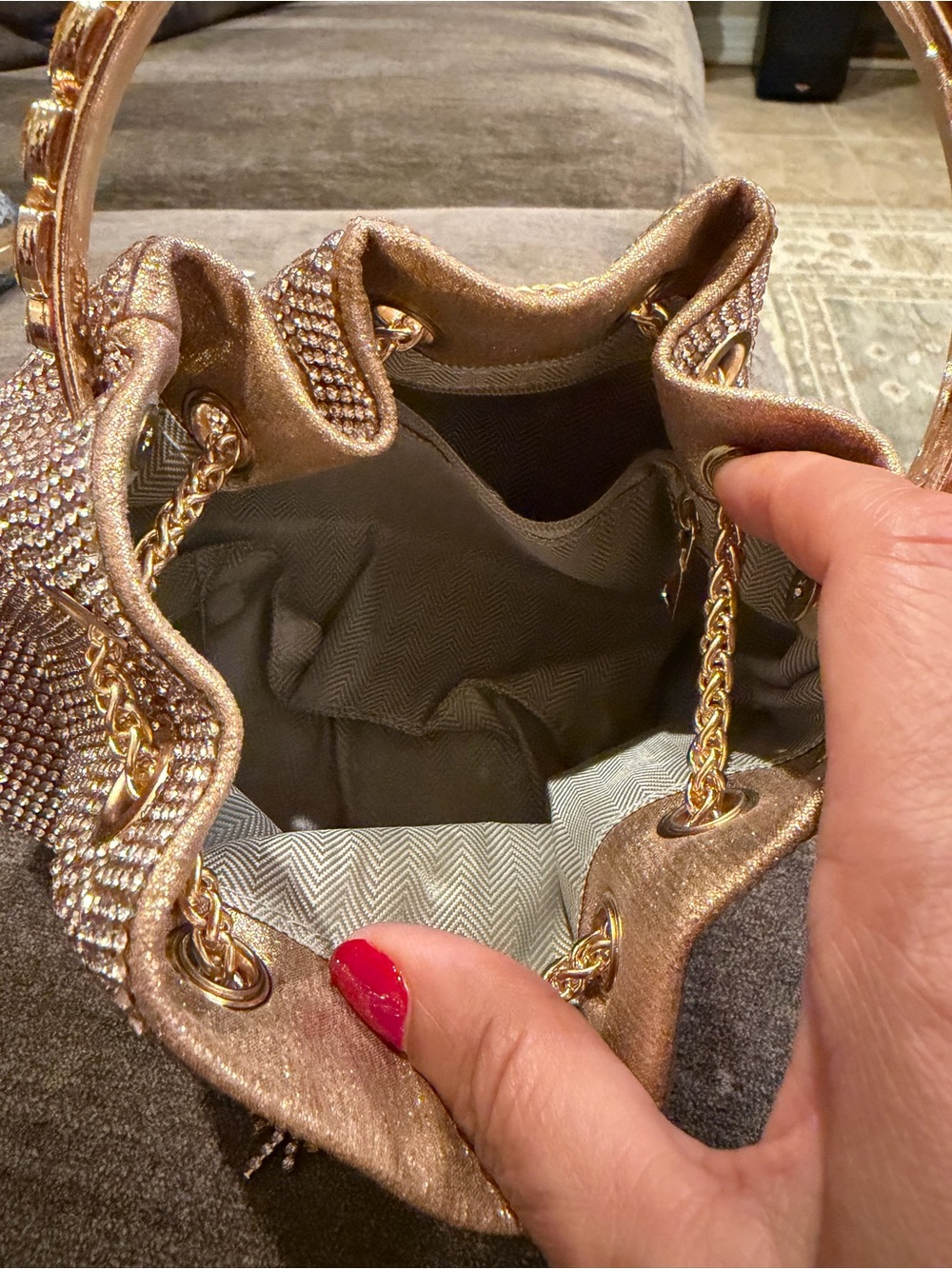 Embellished Rose Gold Mini Drawstring Bag with Crystal Handle - Picture 4 of 4
